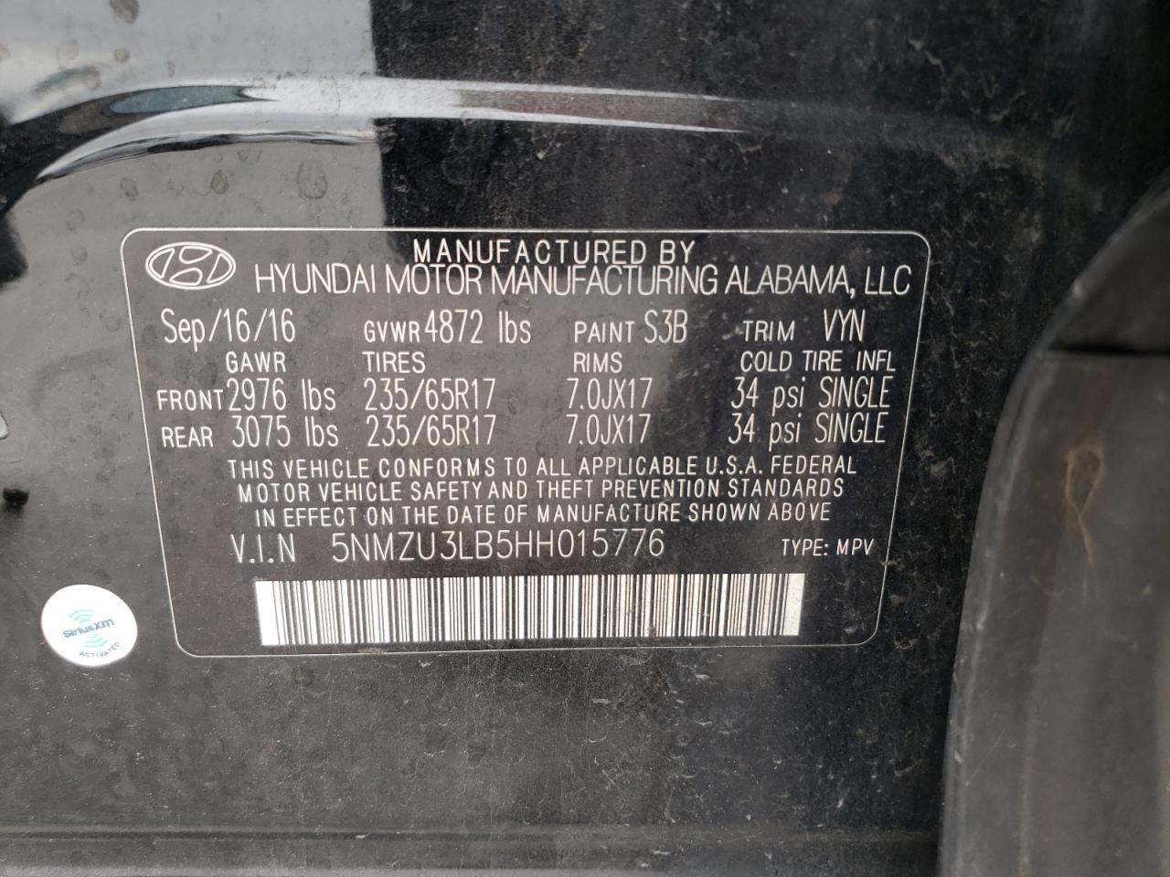 5NMZU3LB5HH015776 2017 Hyundai Santa Fe Sport