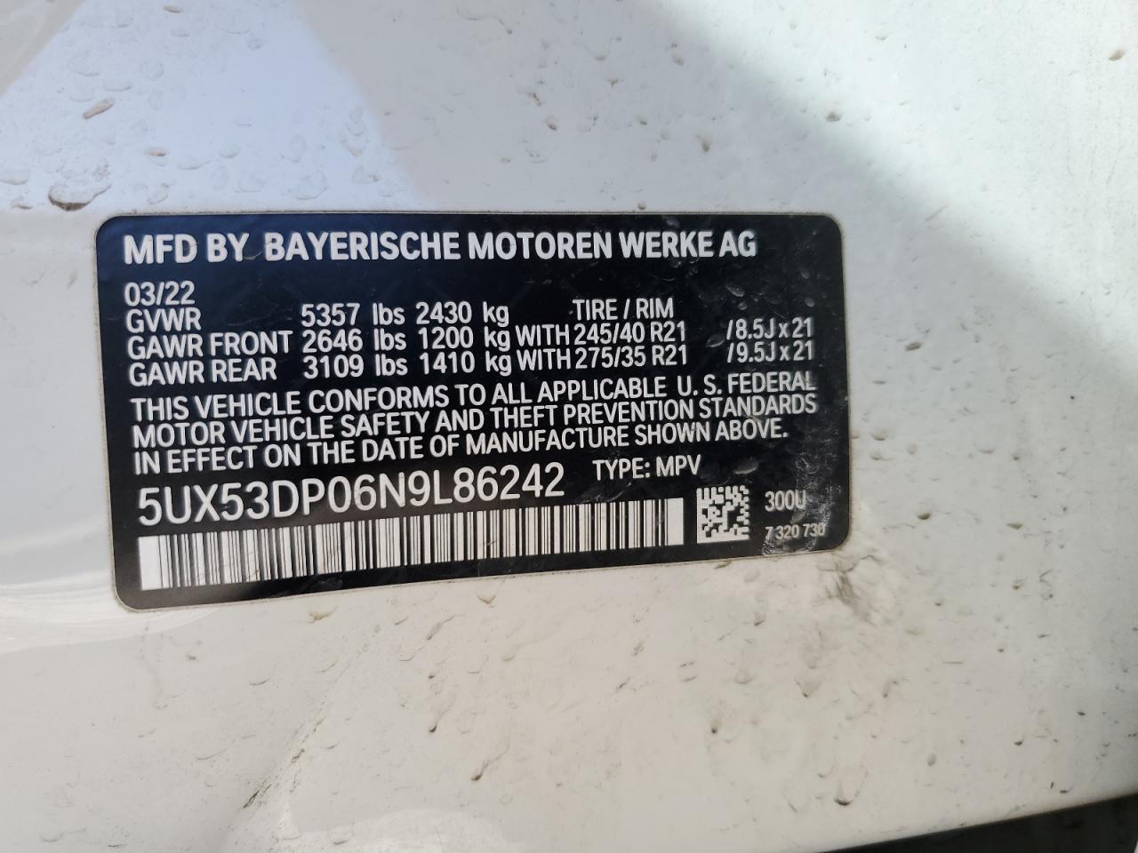 2022 BMW X3 xDrive30I vin: 5UX53DP06N9L86242