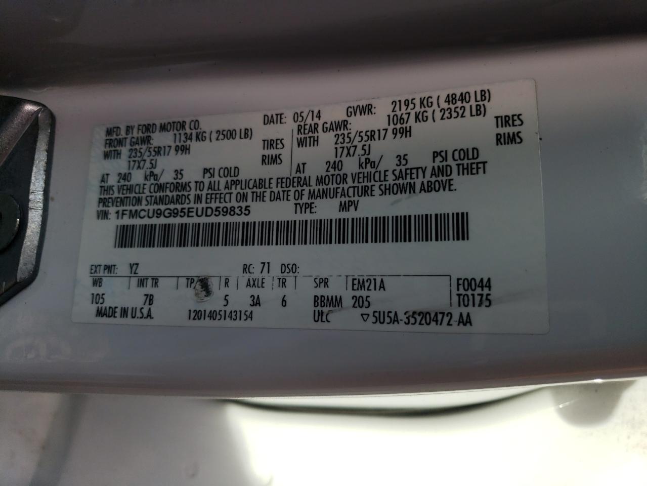 1FMCU9G95EUD59835 2014 Ford Escape Se