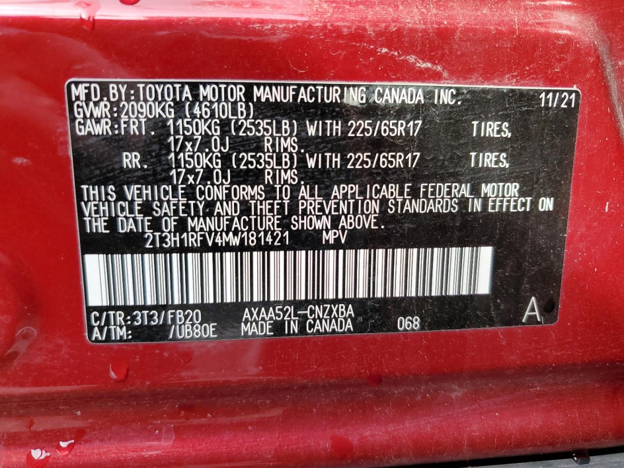 2T3H1RFV4MW181421 2021 Toyota Rav4 Le