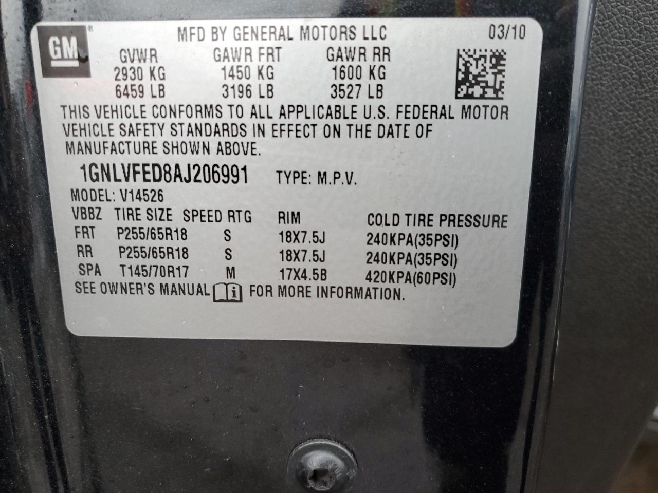 1GNLVFED8AJ206991 2010 Chevrolet Traverse Lt