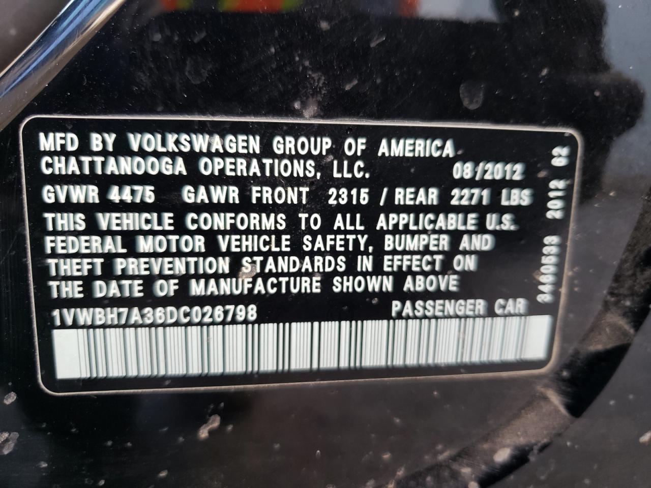 1VWBH7A36DC026798 2013 Volkswagen Passat Se