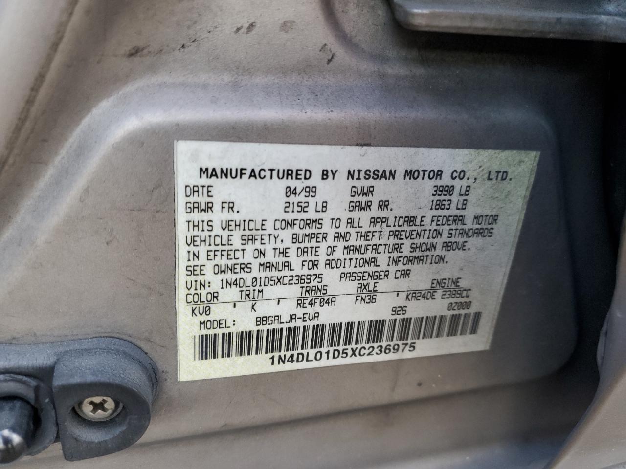 1N4DL01D5XC236975 1999 Nissan Altima Xe