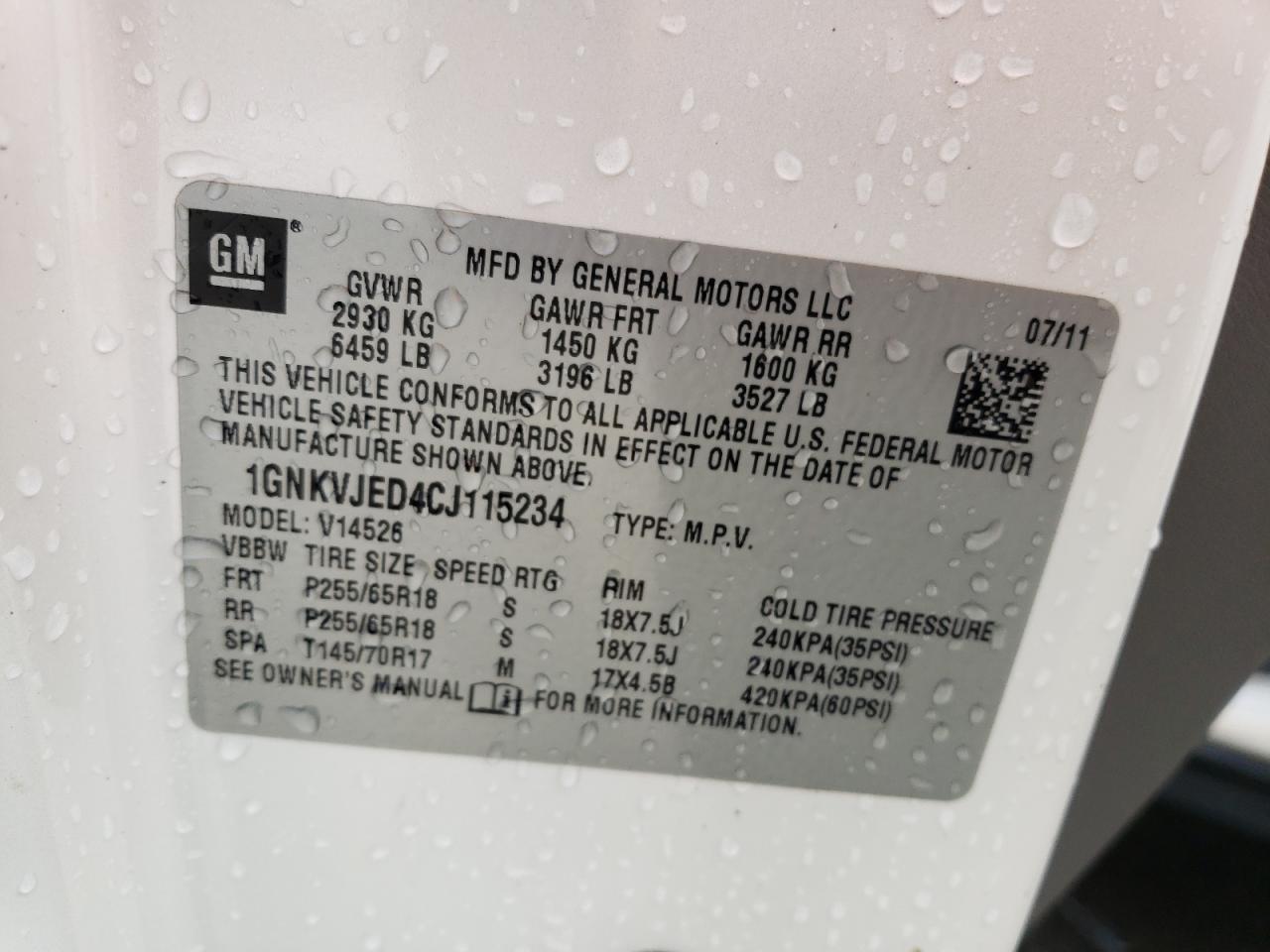 1gnkvjed4cj115234 1GNKVJED4CJ115234 2012 Chevrolet Traverse Lt