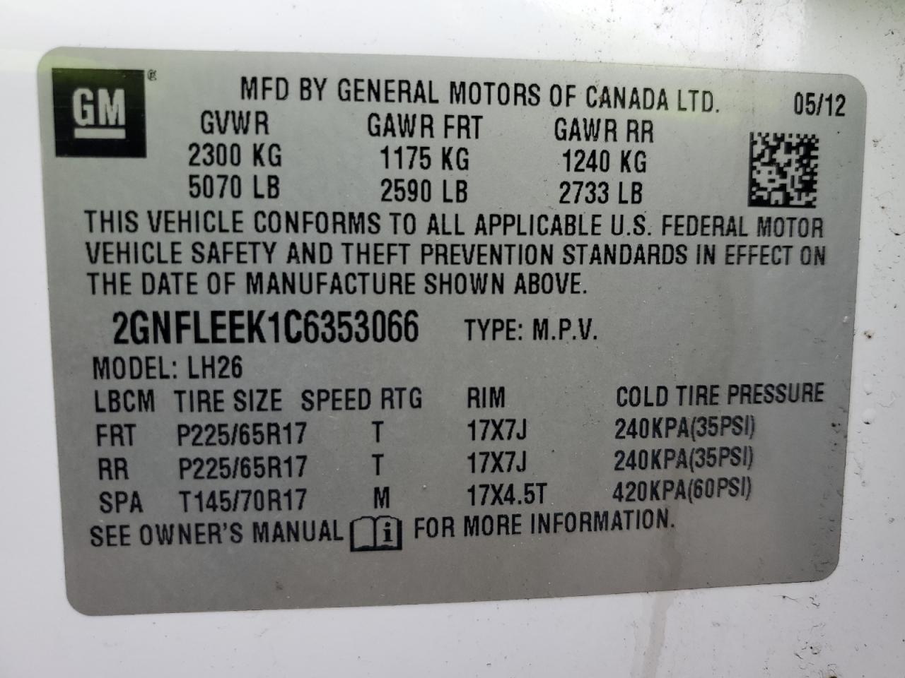 2GNFLEEK1C6353066 2012 Chevrolet Equinox Lt