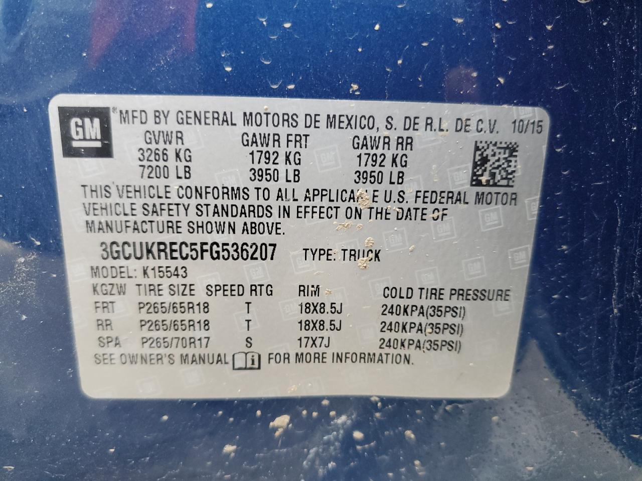 3GCUKREC5FG536207 2015 Chevrolet Silverado K1500 Lt