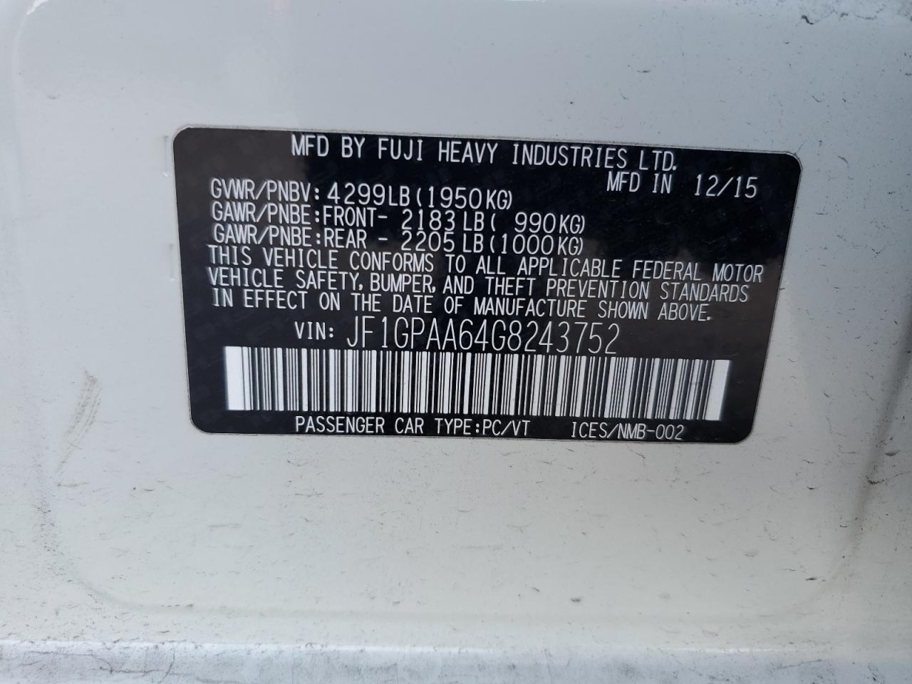 2016 Subaru Impreza vin: JF1GPAA64G8243752