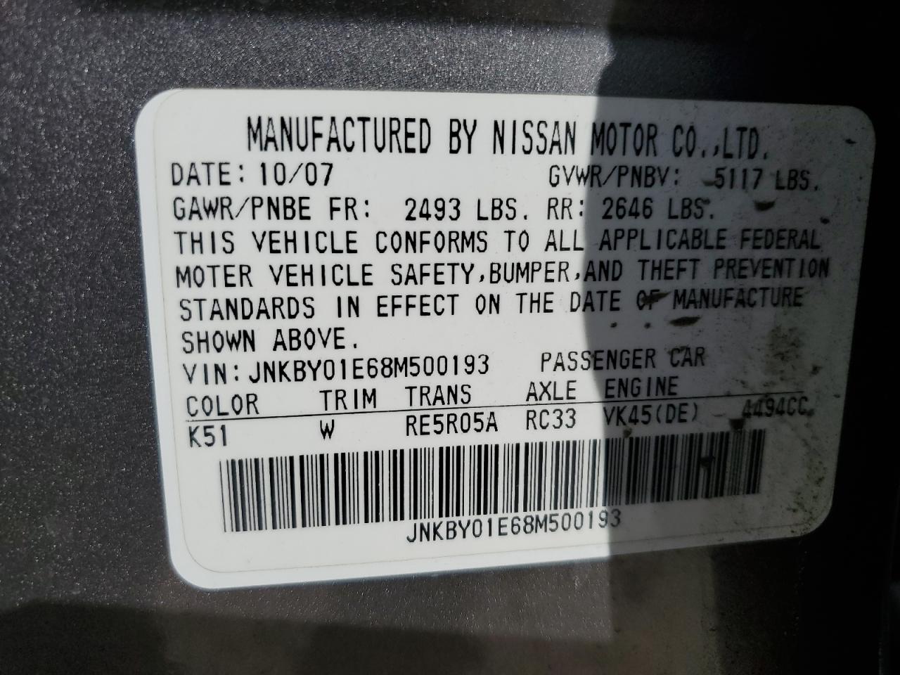 JNKBY01E68M500193 2008 Infiniti M45 Base