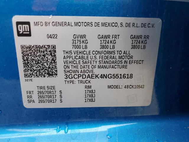 2022 CHEVROLET SILVERADO 3GCPDAEK4NG551618