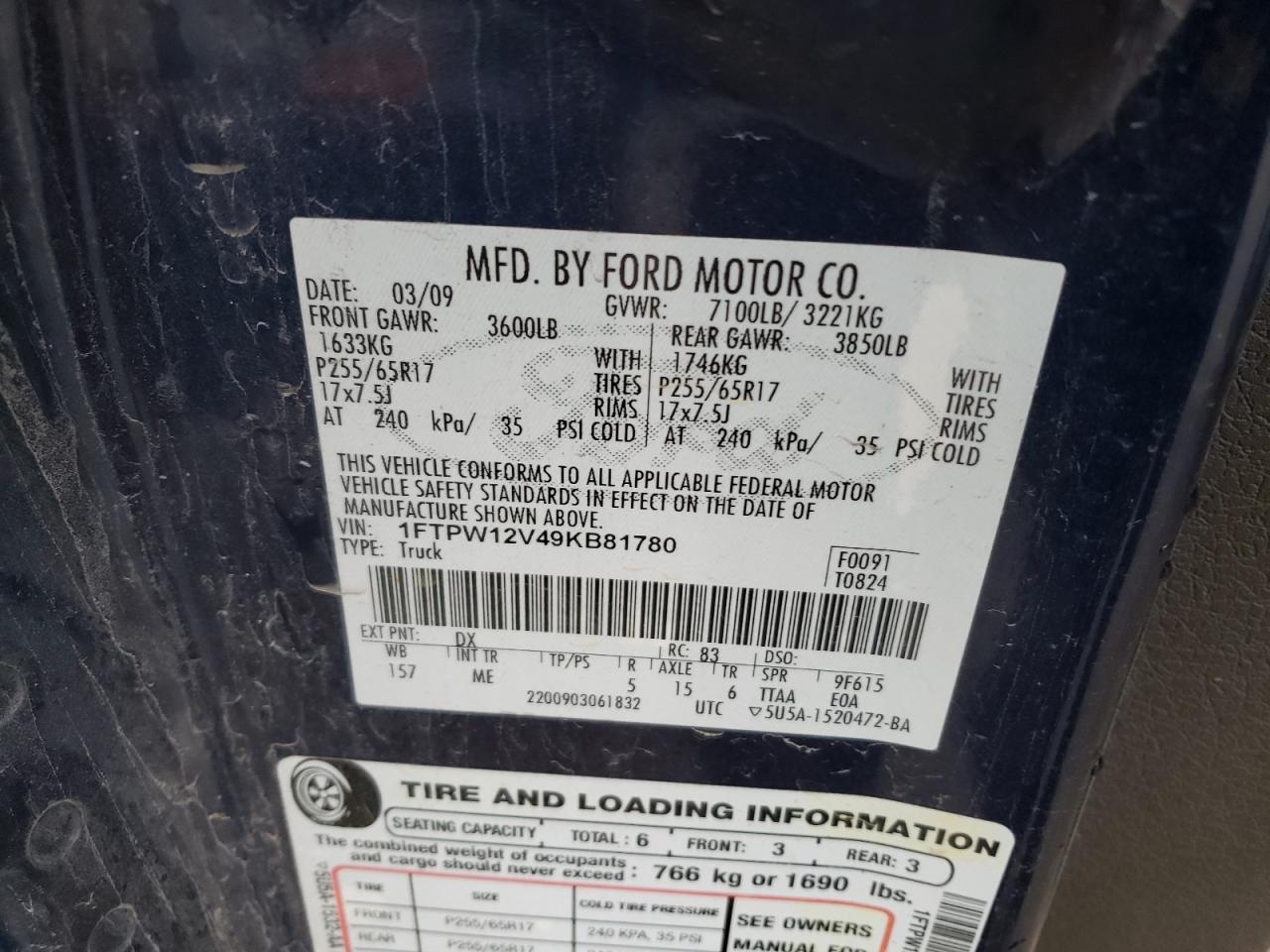 1FTPW12V49KB81780 2009 Ford F150 Supercrew