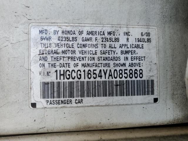2000 Honda Accord Ex VIN: 1HGCG1654YA085868 Lot: 43961024