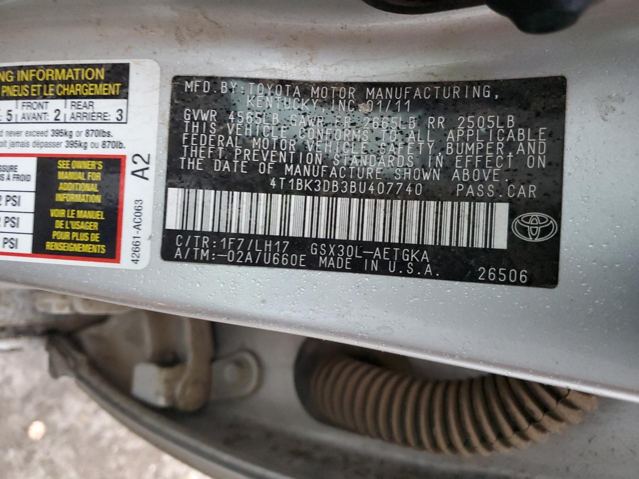 4T1BK3DB3BU407740 2011 Toyota Avalon Base