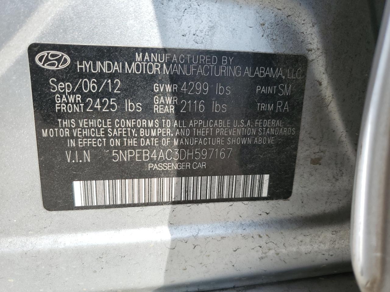 5NPEB4AC3DH597167 2013 Hyundai Sonata Gls