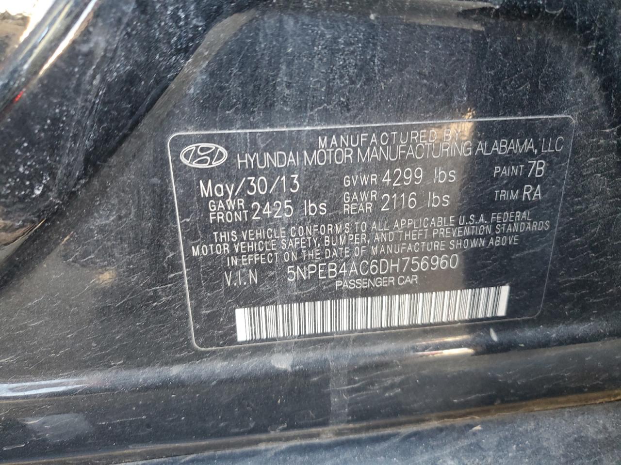 5NPEB4AC6DH756960 2013 Hyundai Sonata Gls