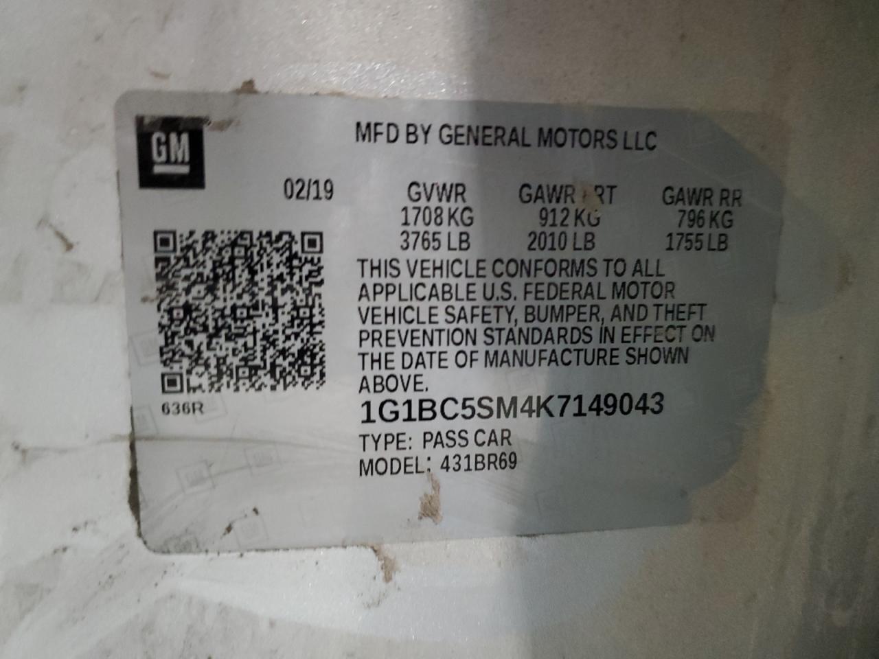 1G1BC5SM4K7149043 2019 Chevrolet Cruze Ls