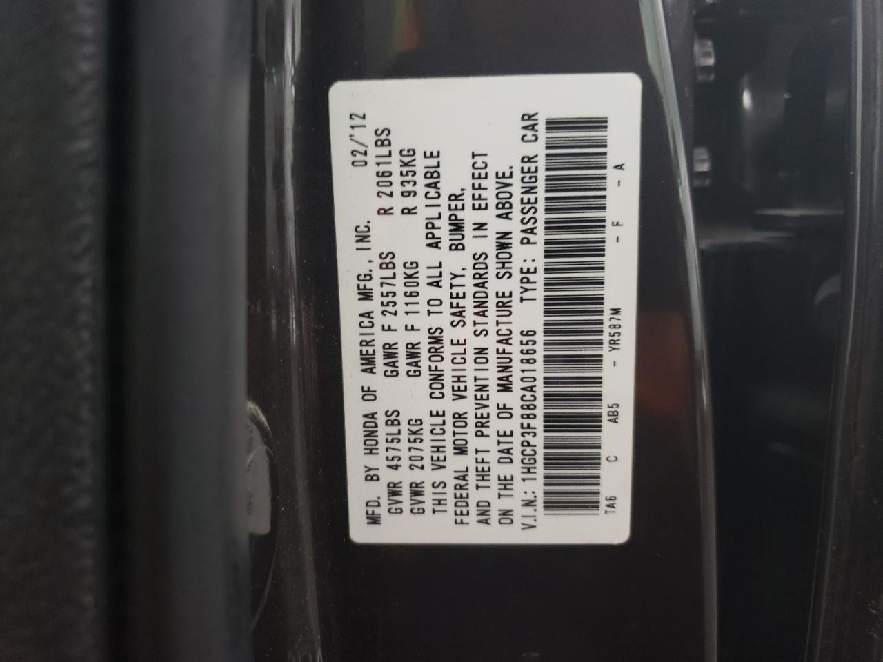 1HGCP3F88CA018656 2012 Honda Accord Exl