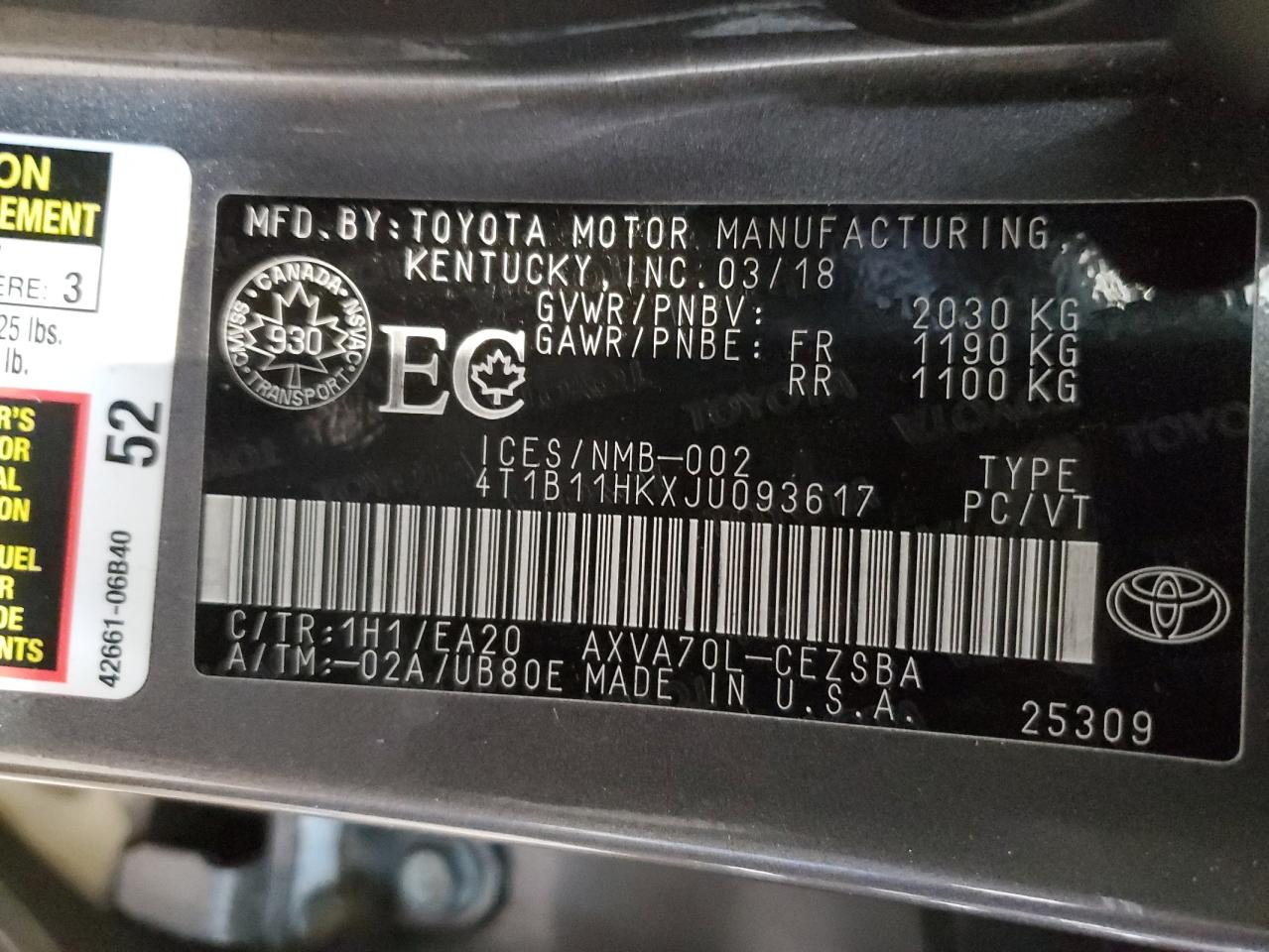 4T1B11HKXJU093617 2018 Toyota Camry L