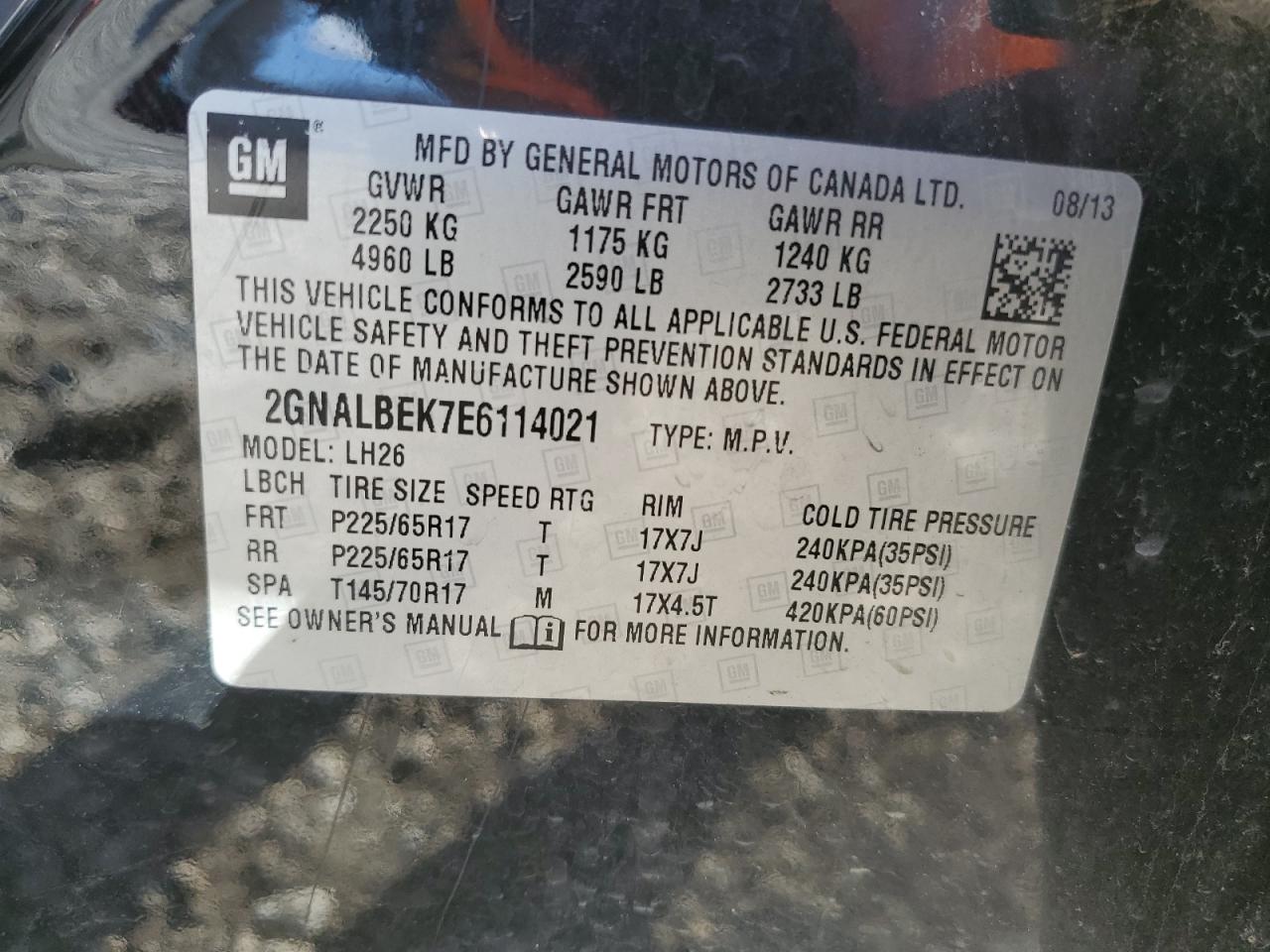 2GNALBEK7E6114021 2014 Chevrolet Equinox Lt