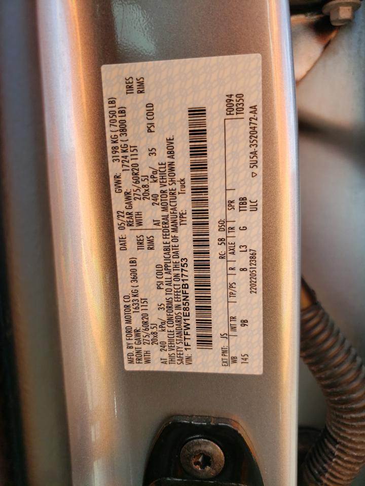 VIN: 1FTFW1E85NFB17753 2022 FORD F-150