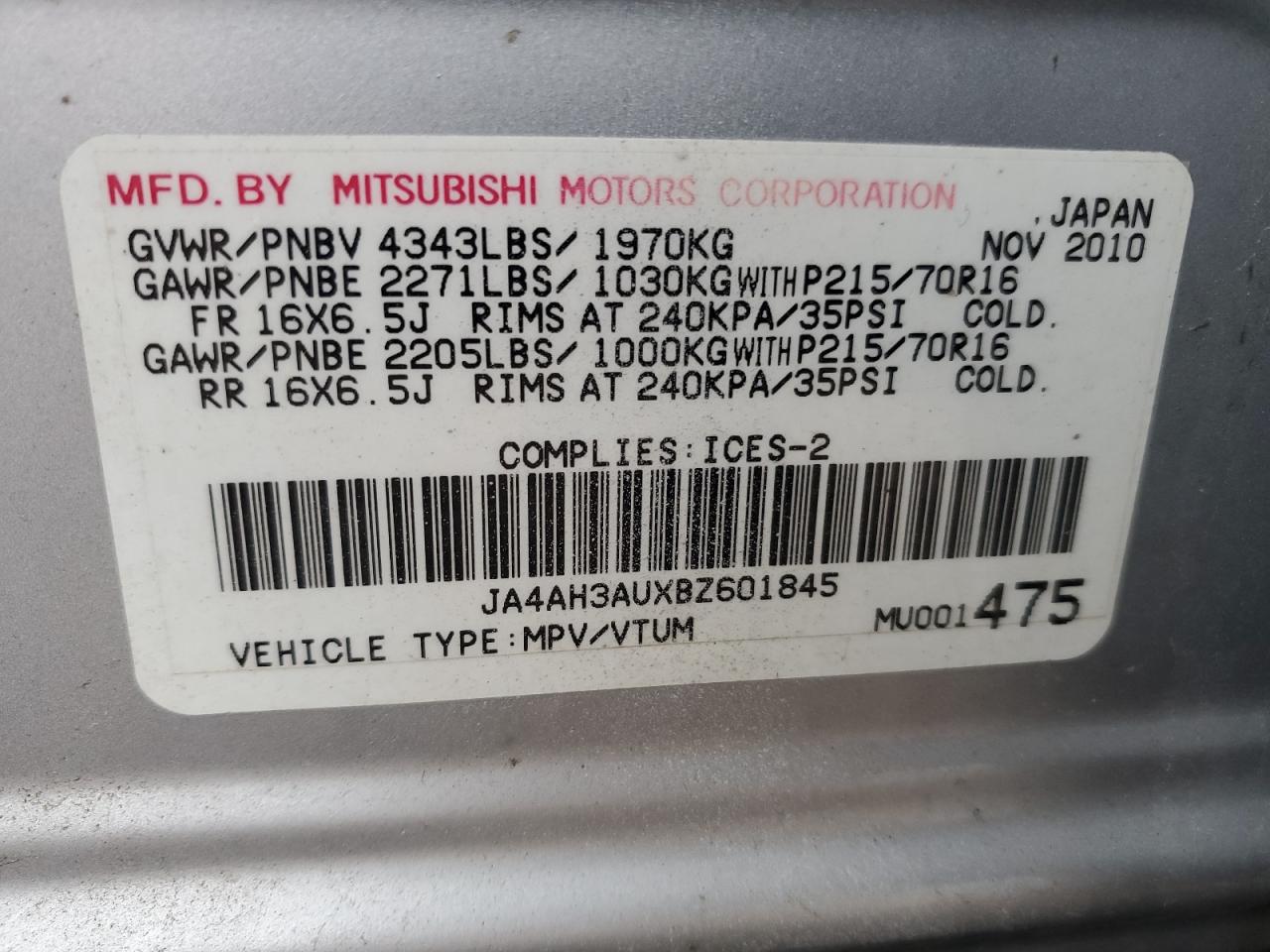 JA4AH3AUXBZ601845 2011 Mitsubishi Rvr Se