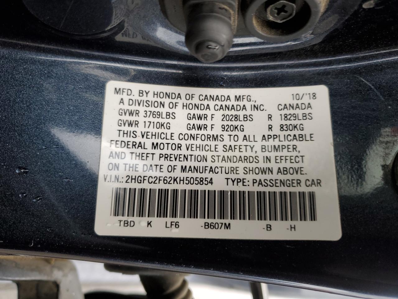 2HGFC2F62KH505854 2019 Honda Civic Lx