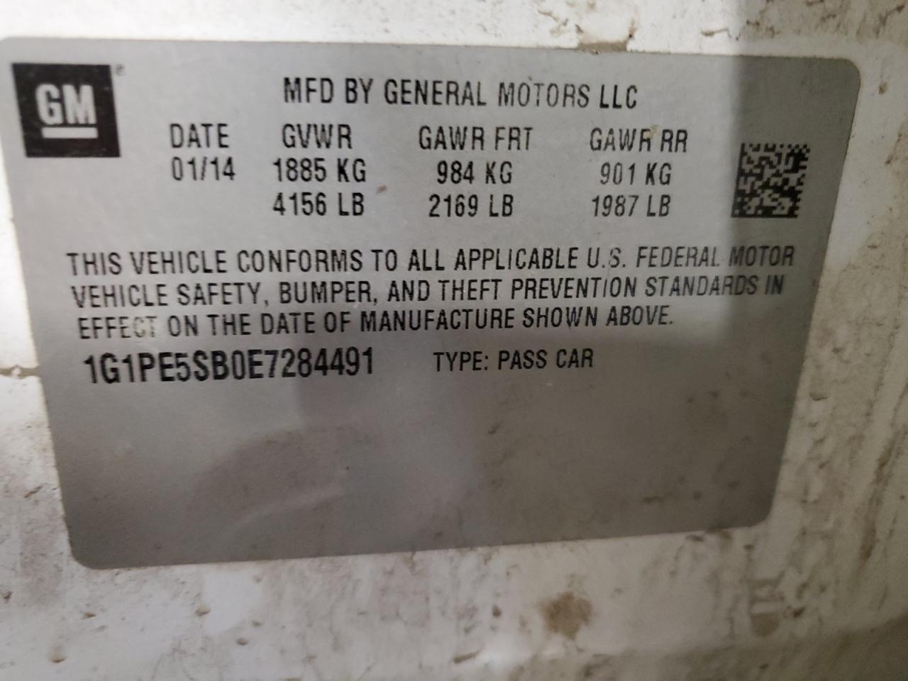 1G1PE5SB0E7284491 2014 Chevrolet Cruze Lt