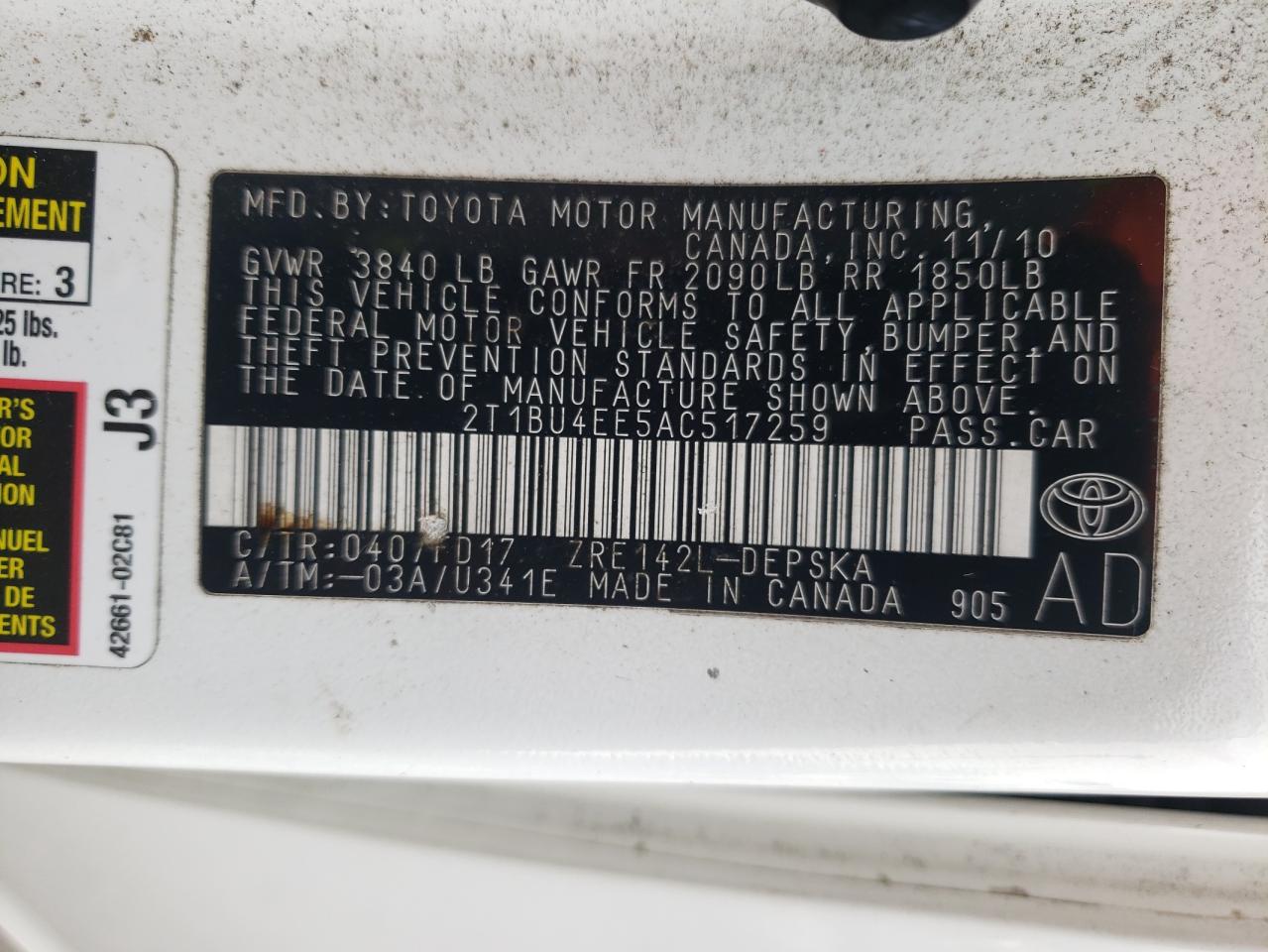 Lot #2397221788 2010 TOYOTA COROLLA BA