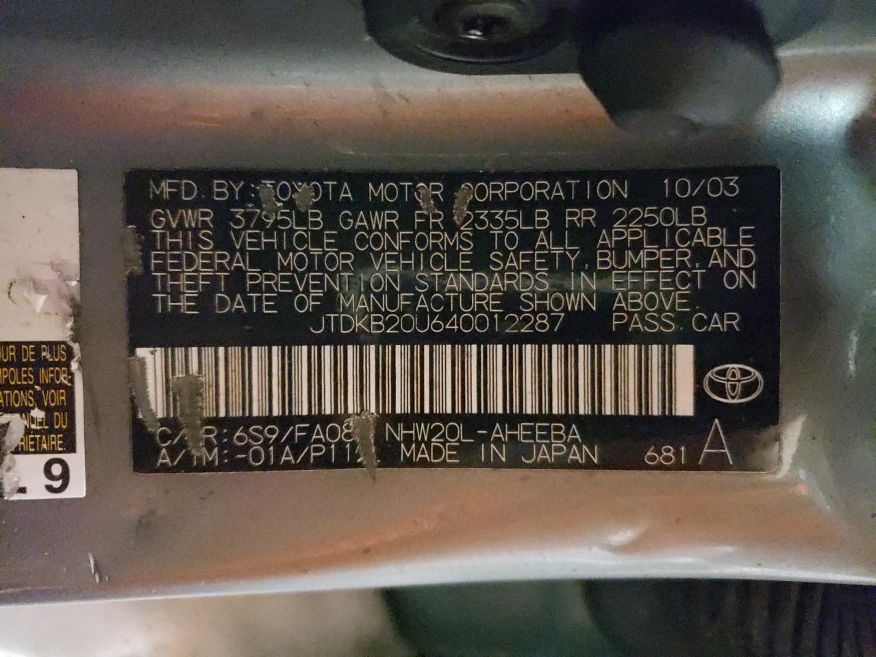 JTDKB20U640012287 2004 Toyota Prius