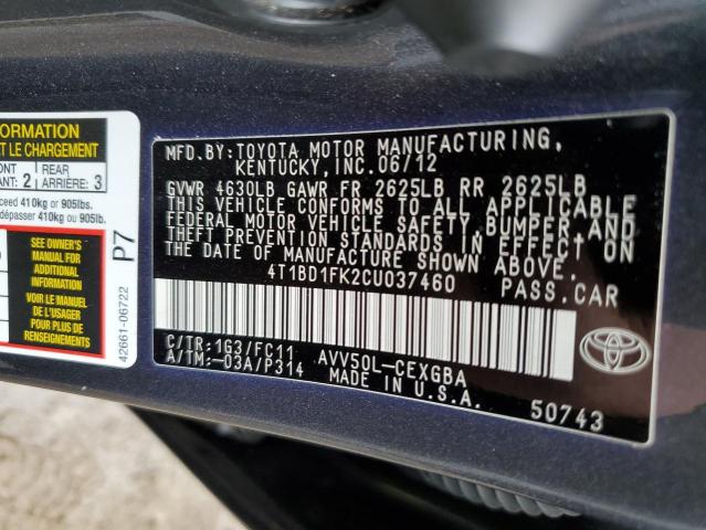 2012 Toyota Camry Hybrid VIN: 4T1BD1FK2CU037460 Lot: 42774364