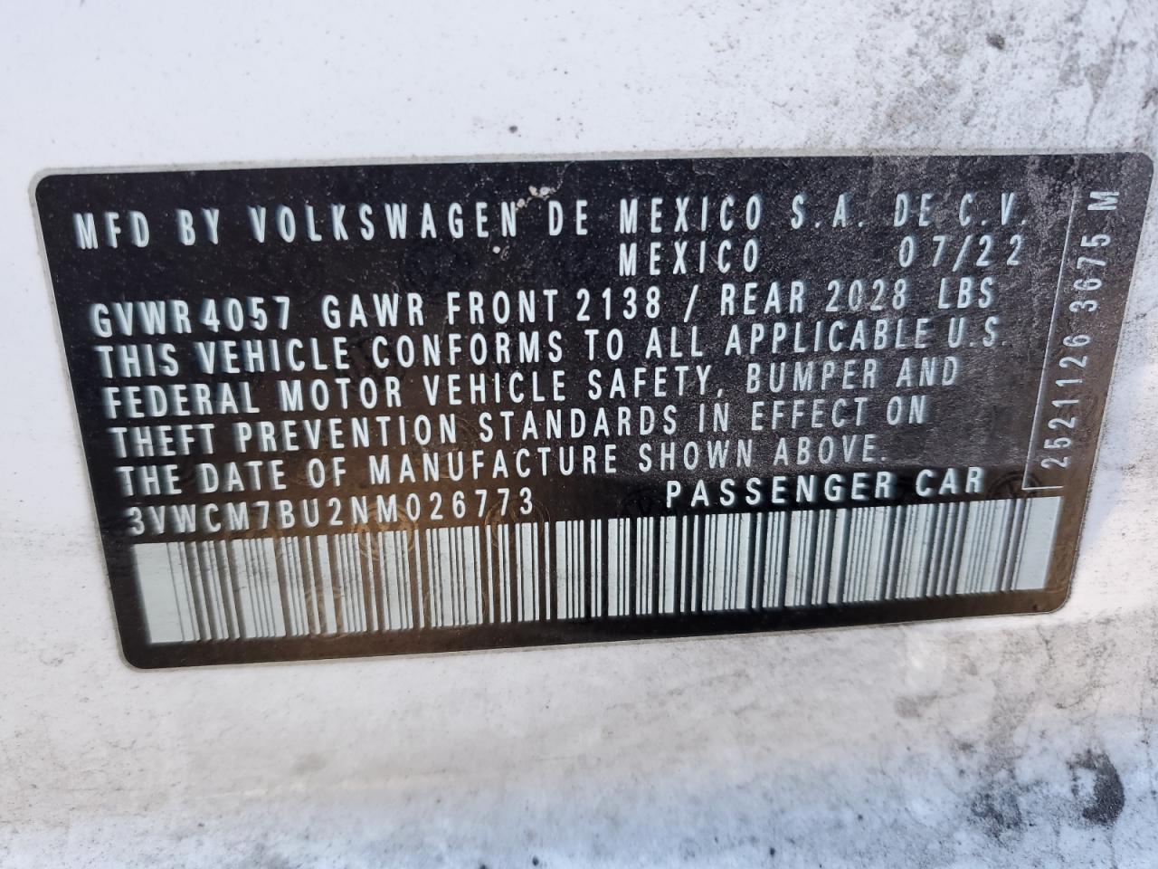 3VWCM7BU2NM026773 2022 Volkswagen Jetta S