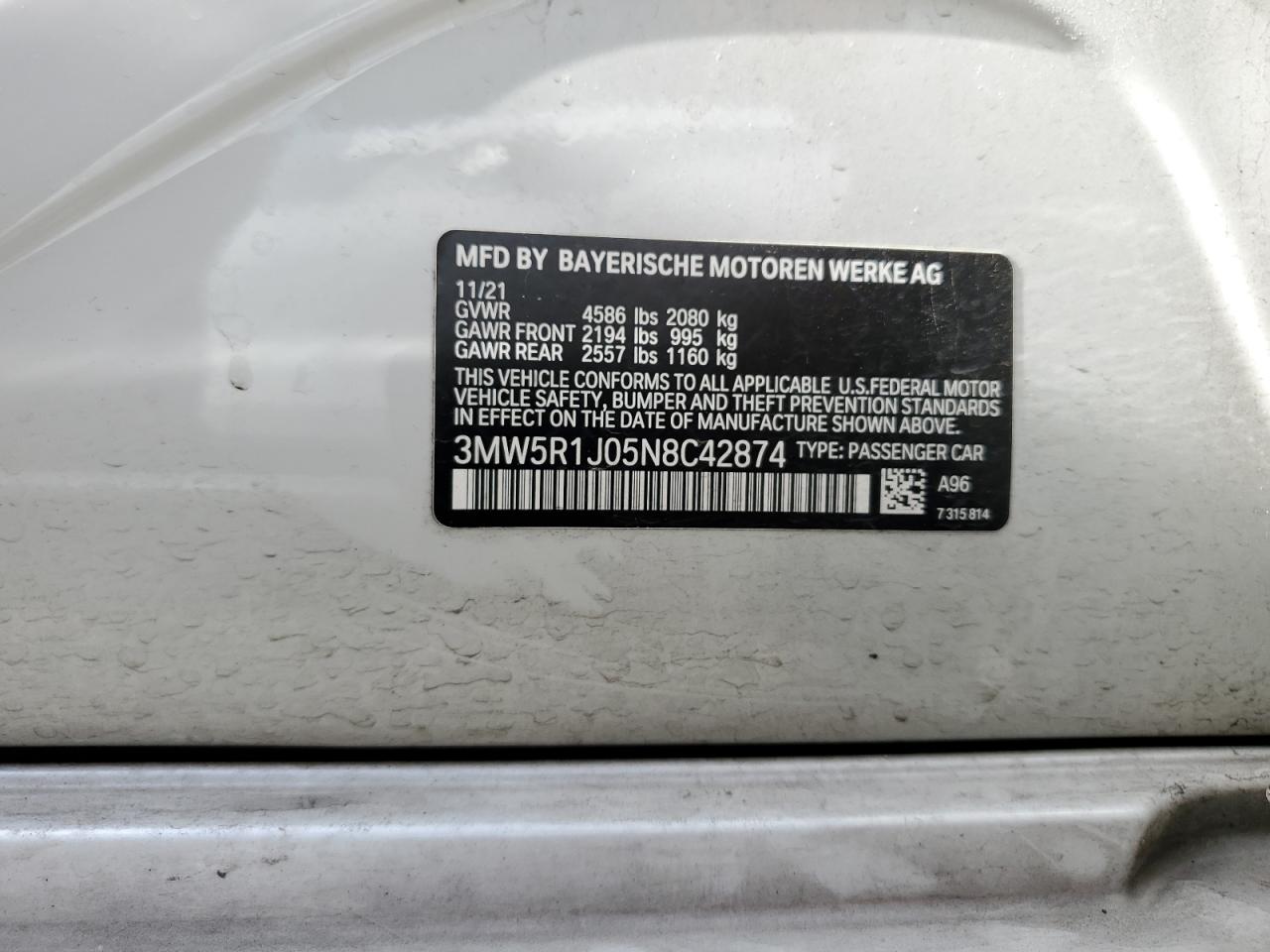 3MW5R1J05N8C42874 2022 BMW 330I