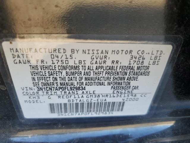 2015 Nissan Versa 1.6 Sl VIN: 3N1CN7AP0FL929834 Lot: 43448373