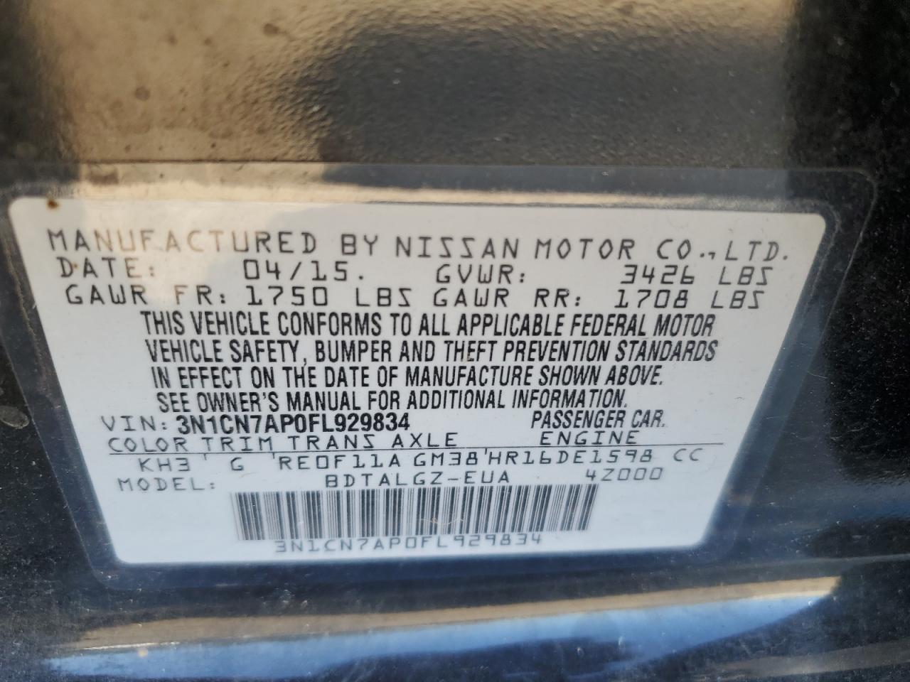3N1CN7AP0FL929834 2015 Nissan Versa 1.6 Sl