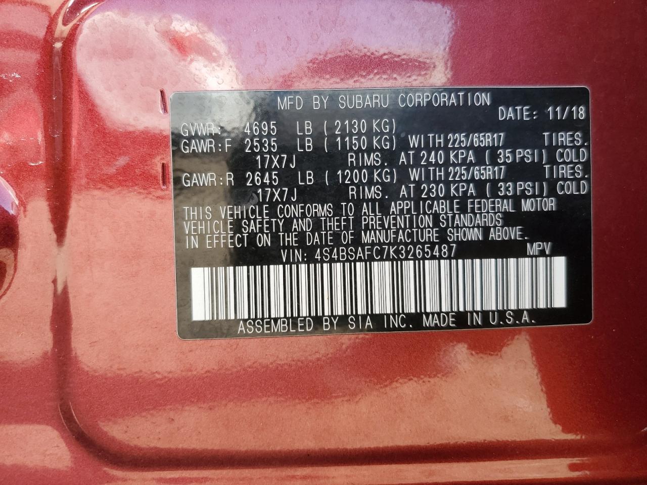 2019 Subaru Outback 2.5I Premium vin: 4S4BSAFC7K3265487