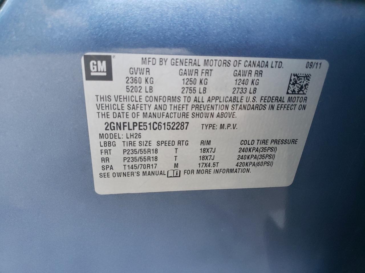 2GNFLPE51C6152287 2012 Chevrolet Equinox Lt