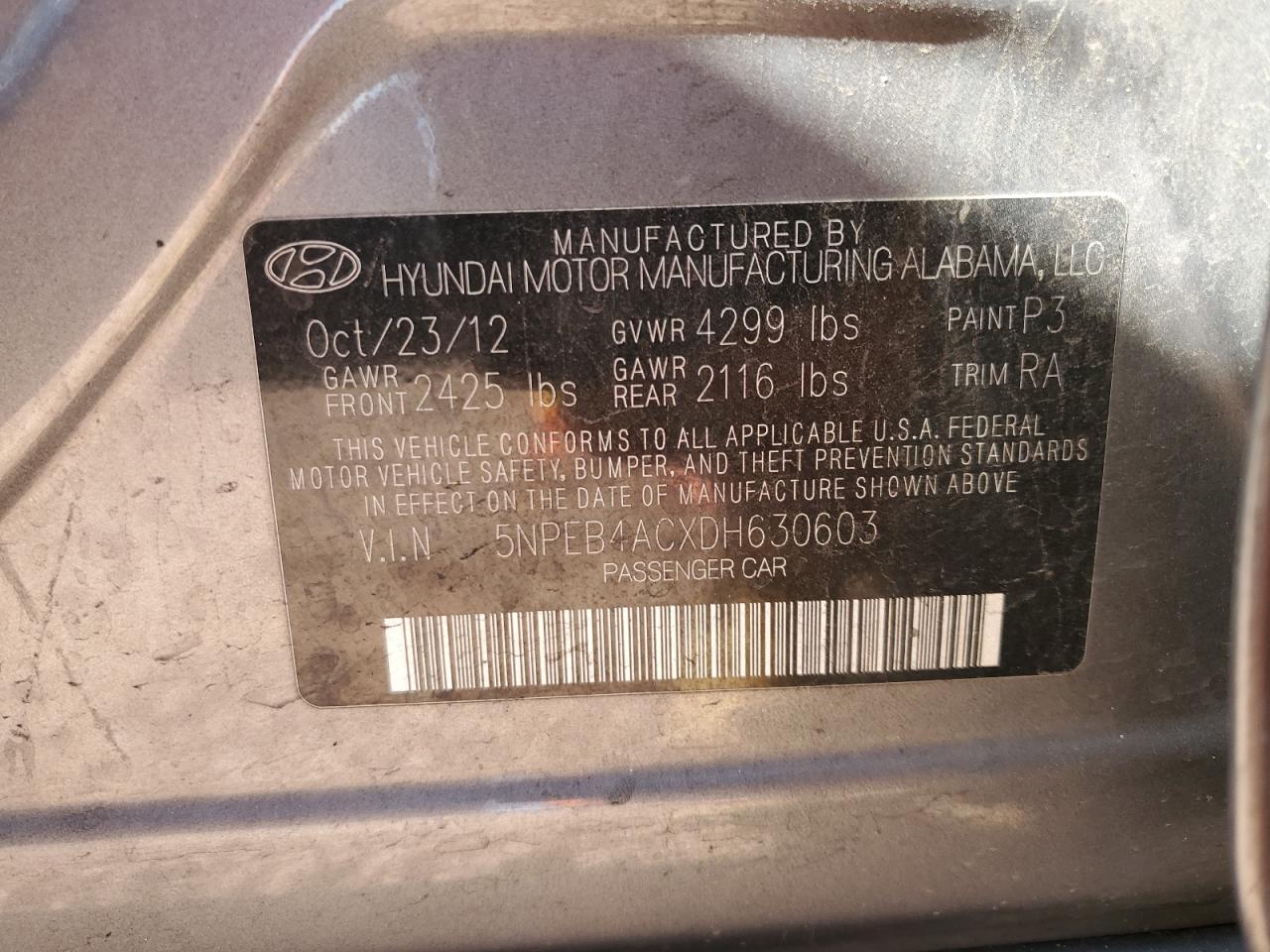 5NPEB4ACXDH630603 2013 Hyundai Sonata Gls