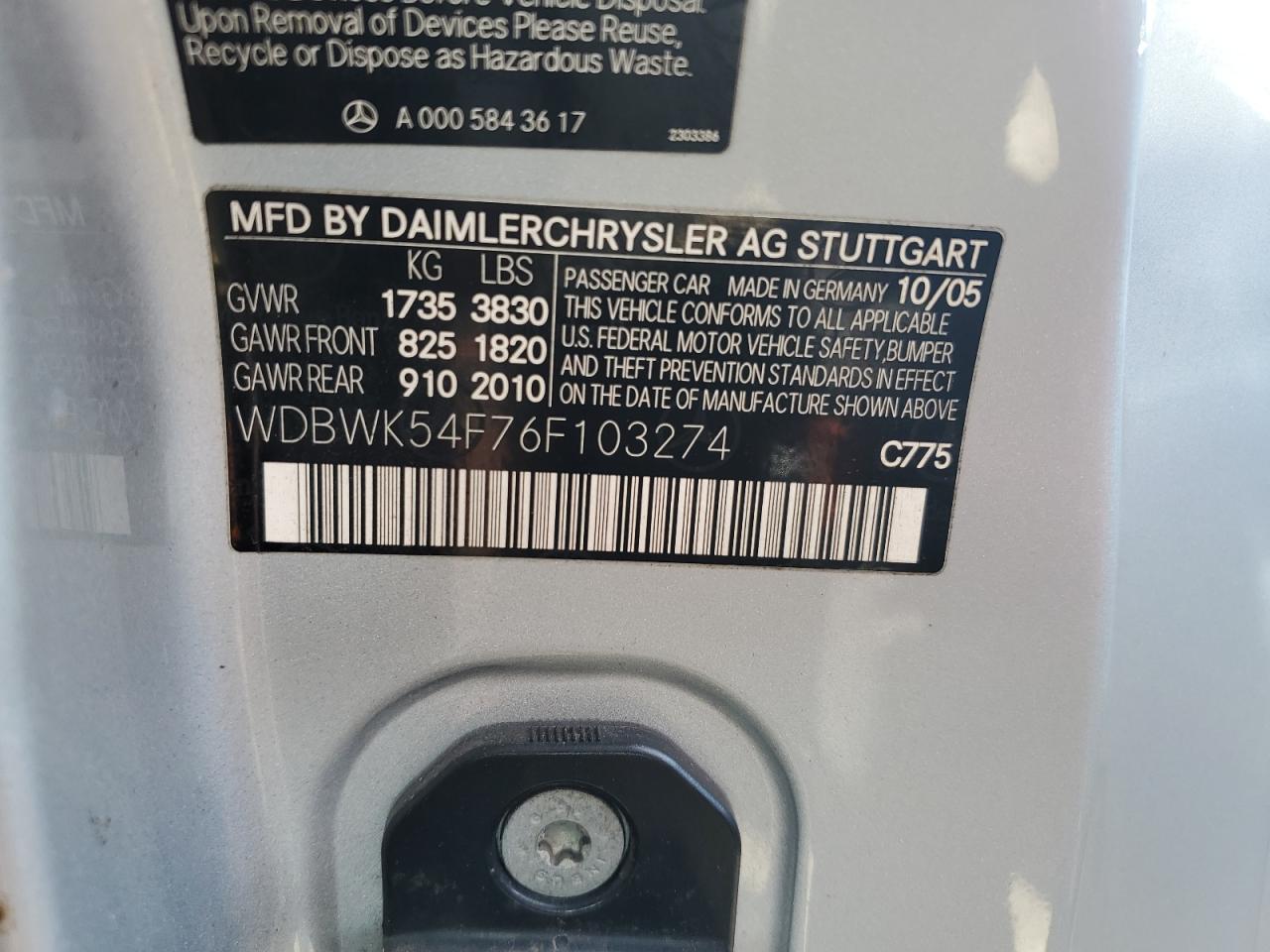 WDBWK54F76F103274 2006 Mercedes-Benz Slk 280