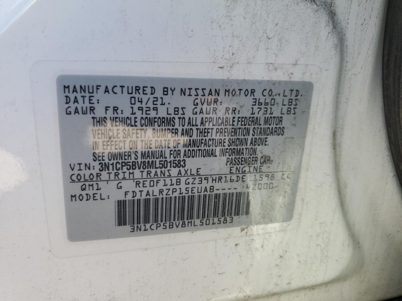 3N1CP5BV8ML501583 2021 Nissan Kicks S