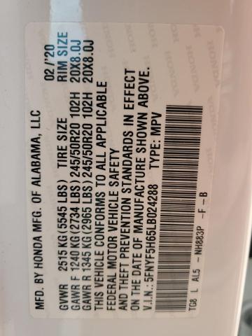 2020 HONDA PILOT TOUR 5FNYF5H65LB024288