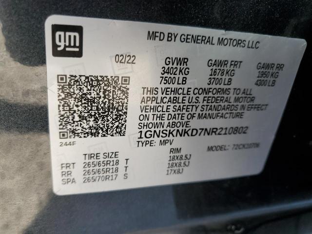 2022 Chevrolet Tahoe K1500 Lt VIN: 1GNSKNKD7NR210802 Lot: 42302814