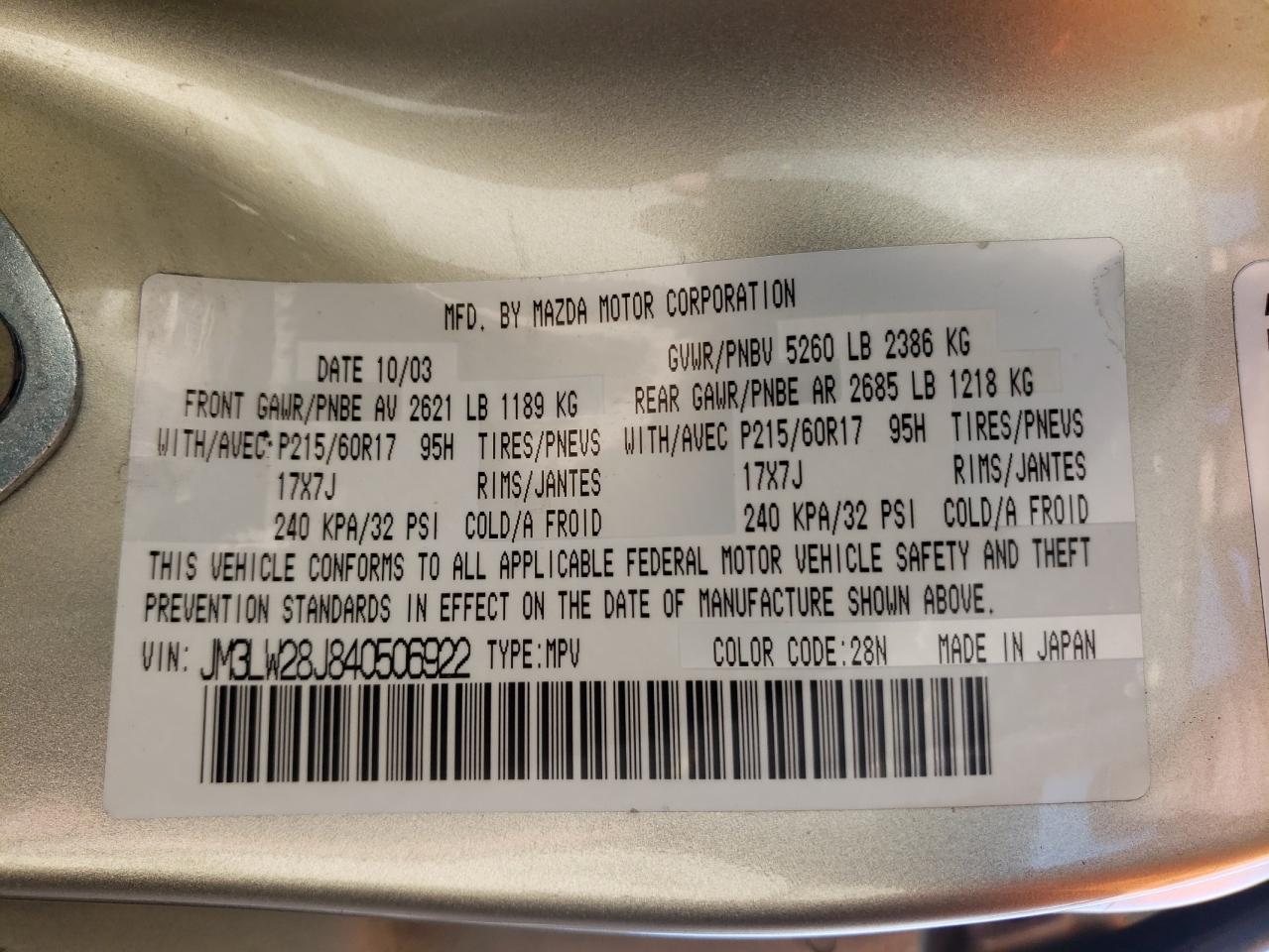 JM3LW28J840506922 2004 Mazda Mpv Wagon