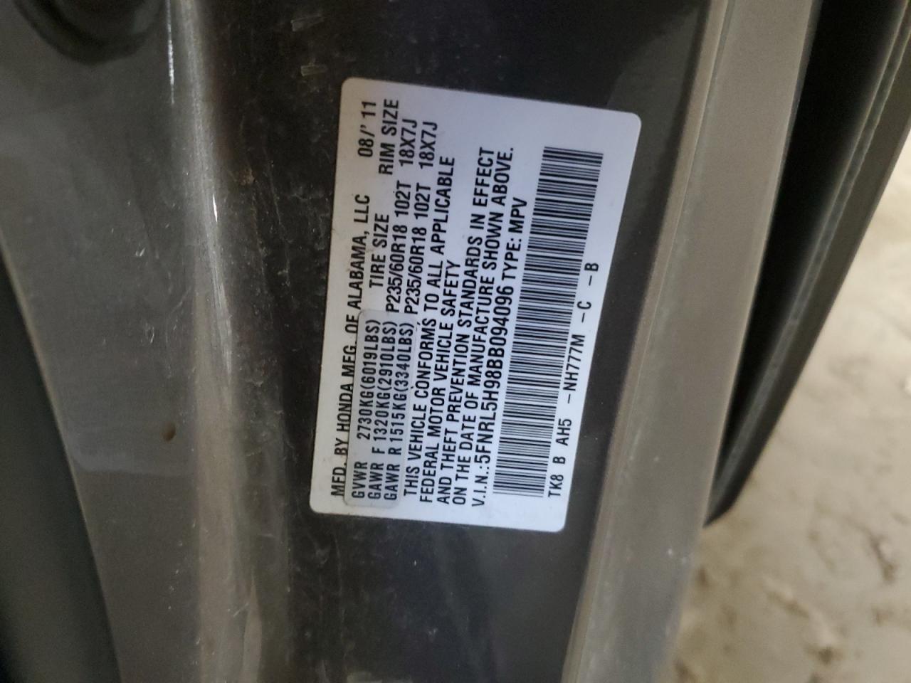 5fnrl5h98bb094096 5FNRL5H98BB094096 2011 Honda Odyssey Touring