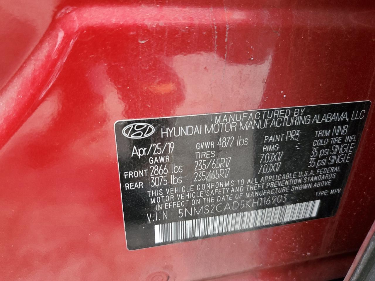 5NMS2CAD5KH116903 2019 Hyundai Santa Fe Se