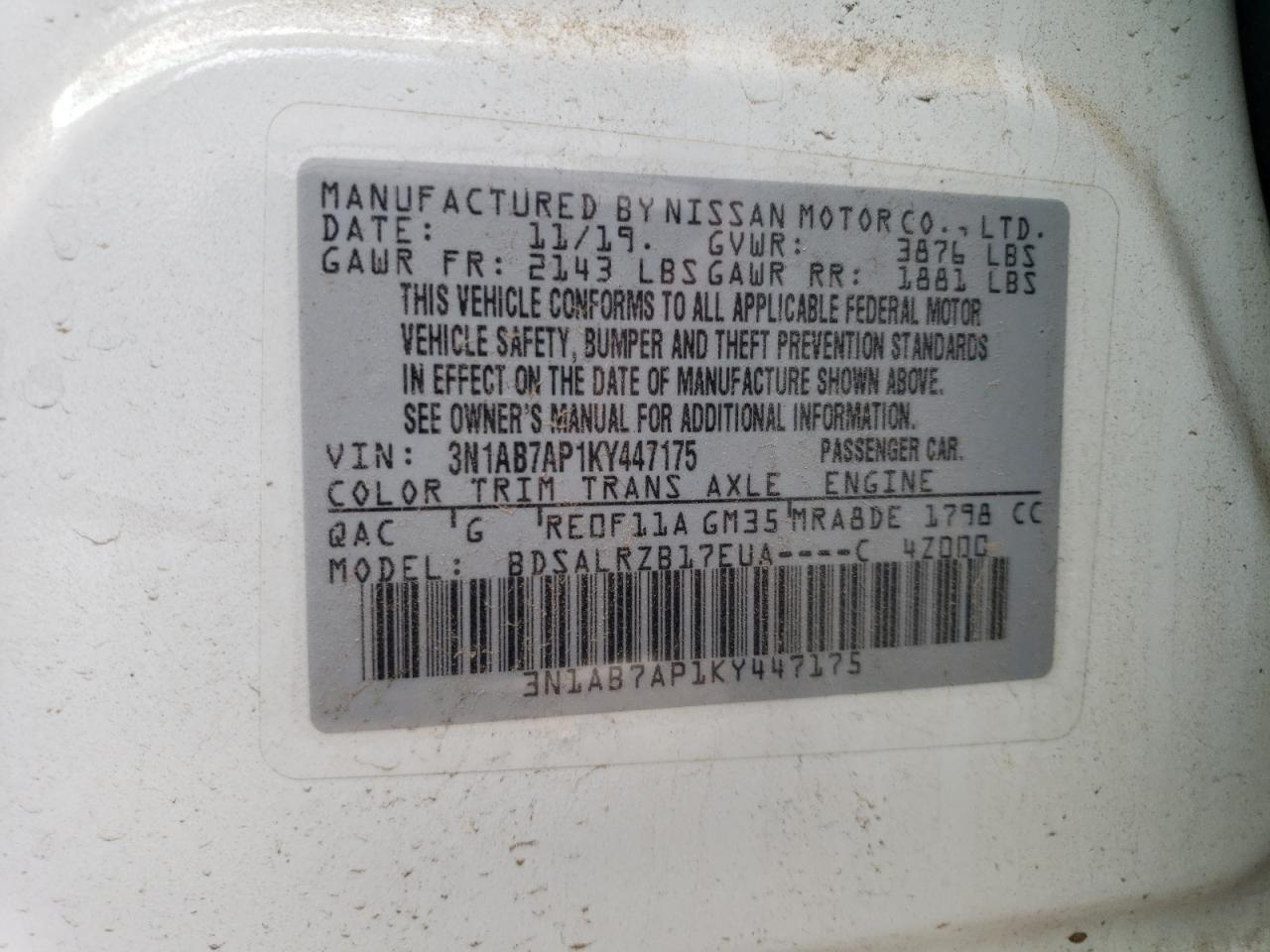 VIN: 3N1AB7AP1KY447175 2019 NISSAN SENTRA