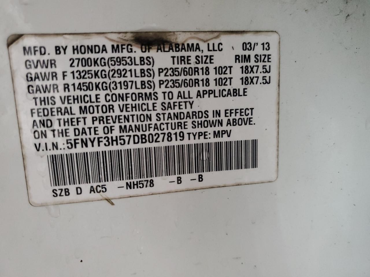 5FNYF3H57DB027819 2013 Honda Pilot Exl