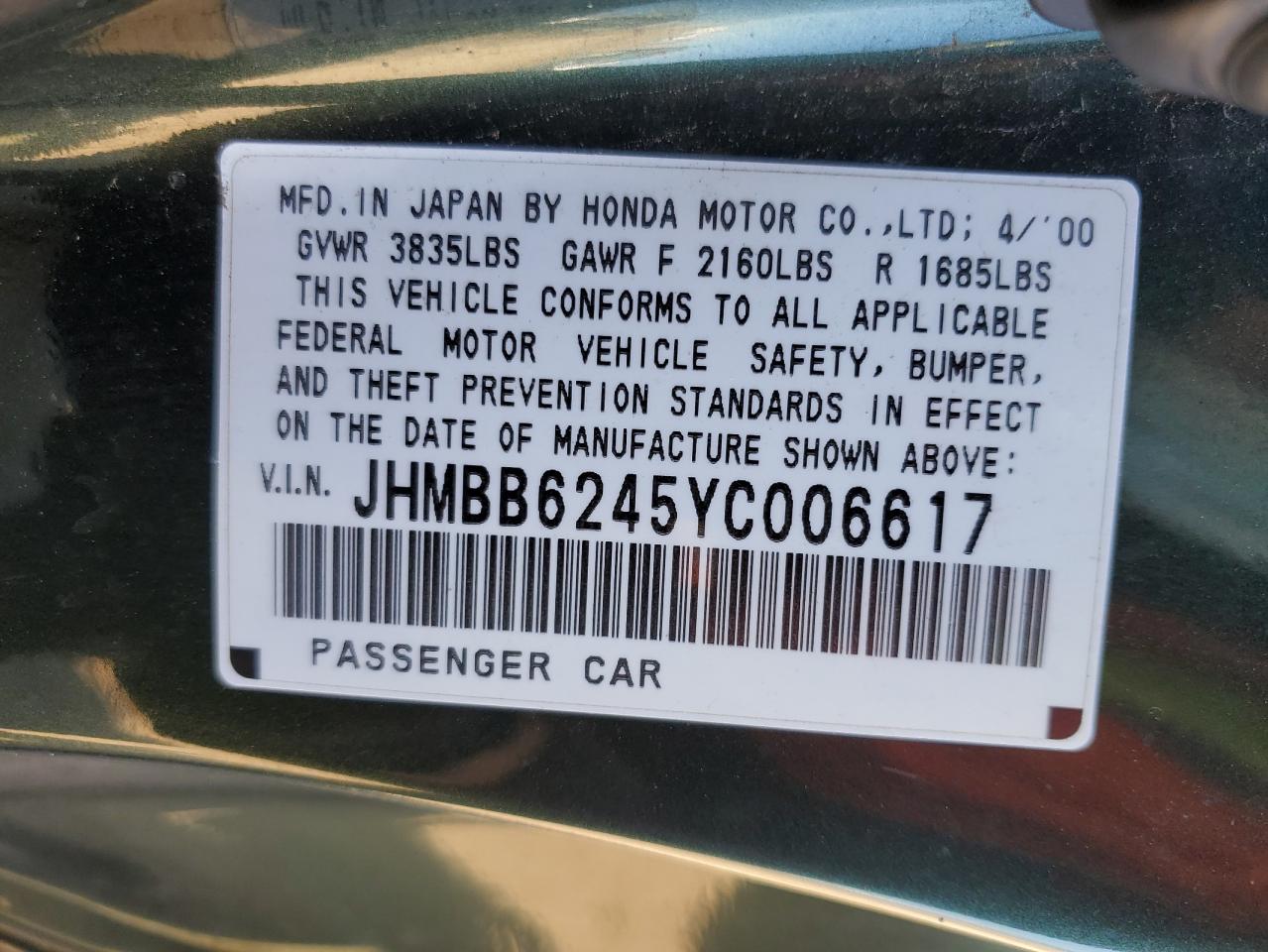 JHMBB6245YC006617 2000 Honda Prelude