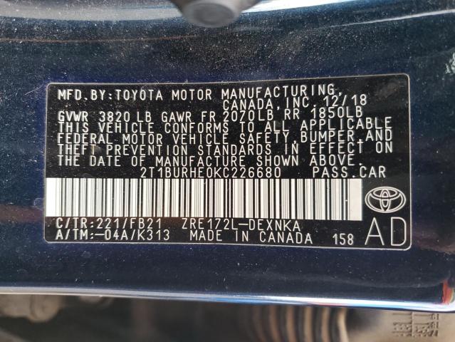 2019 Toyota Corolla L VIN: 2T1BURHE0KC226680 Lot: 41526274