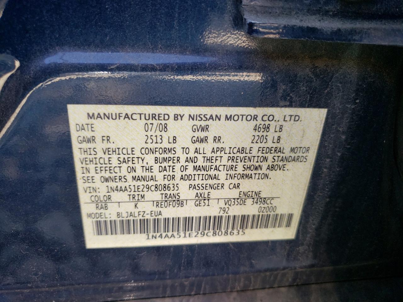 1N4AA51E29C808635 2009 Nissan Maxima S