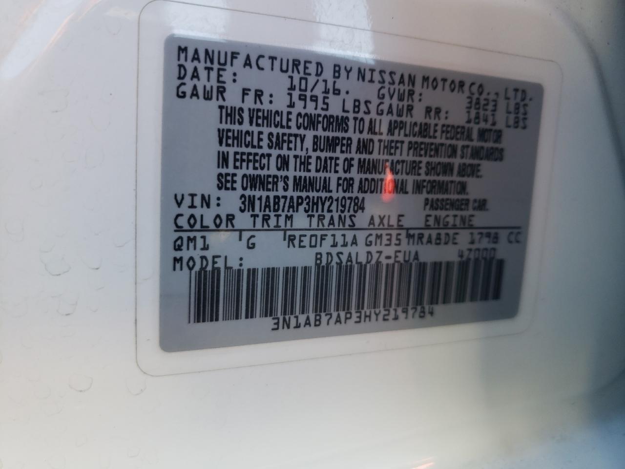 3N1AB7AP3HY219784 2017 Nissan Sentra S