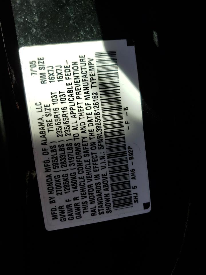 5FNRL38655B126162 2005 Honda Odyssey Exl